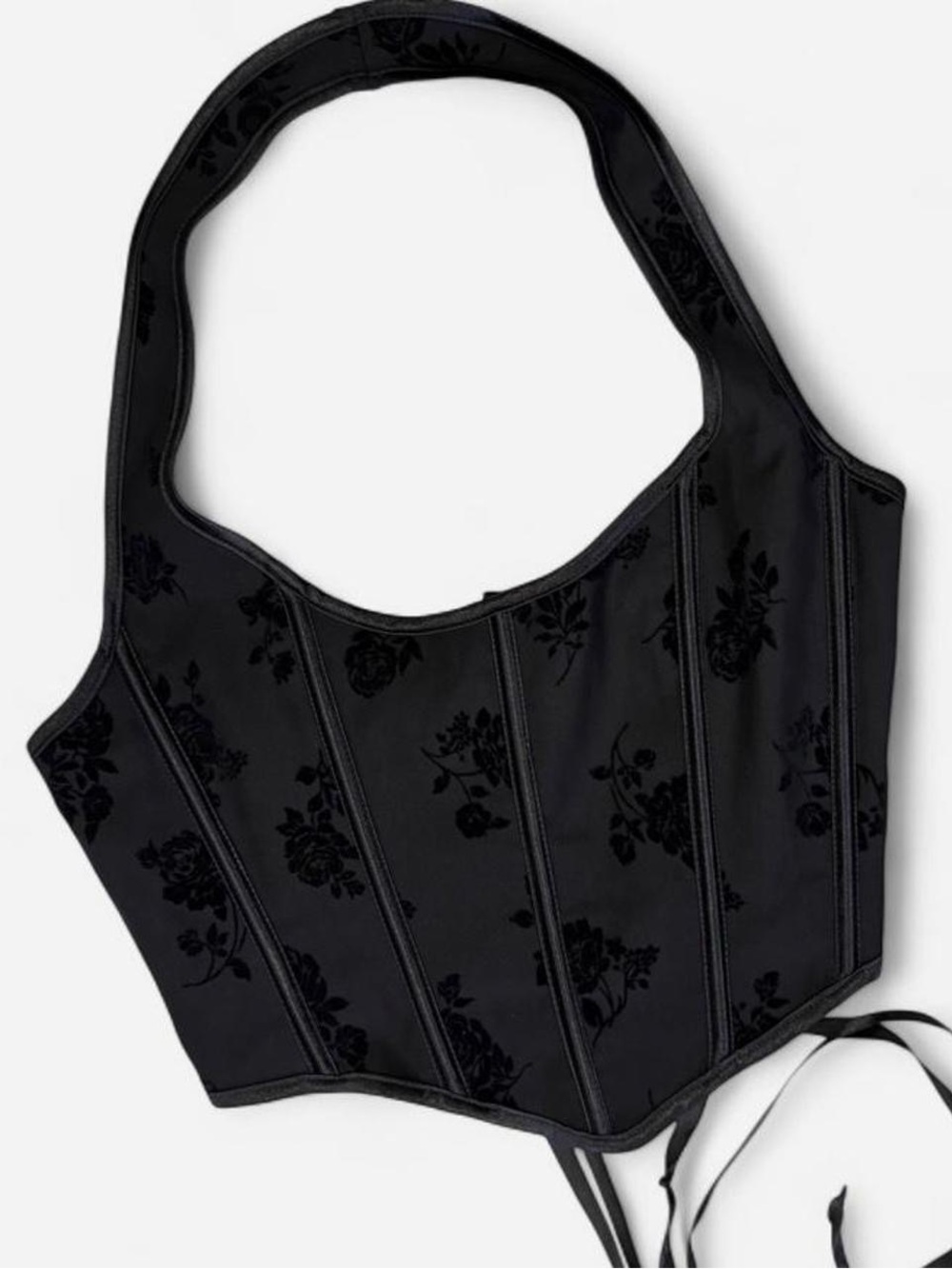 Black Floral Flocked Halter Lace-Up Corset Top Large